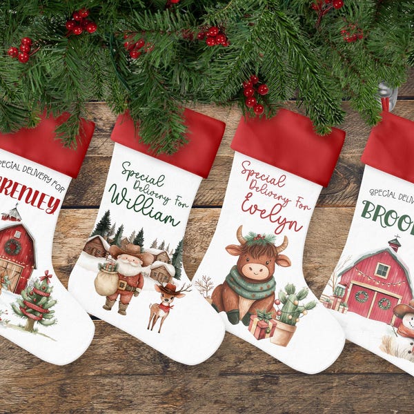 PERSONALIZED WESTERN KIDS Christmas Stocking, Farm Theme Stocking For Kids, Red Barn Custom Stocking, Kids Christmas Gift, Cow Horse Santa