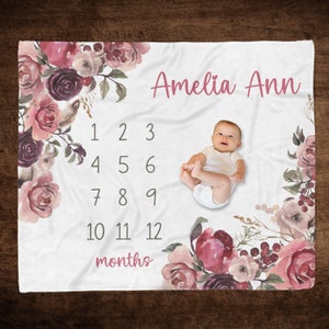 Floral Boho Personalized Baby Girl Milestone Blanket, Track Baby Growth, Custom Name Girl Blanket, Baby Shower Gift, Pink Floral Month Photo
