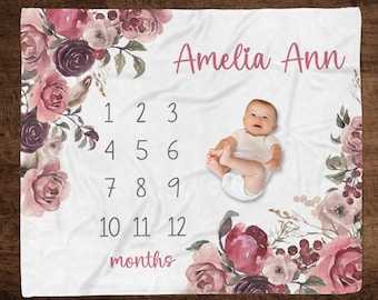 Floral Girl Milestone Blanket, Personalized Baby Photo Prop, Baby Shower Gift