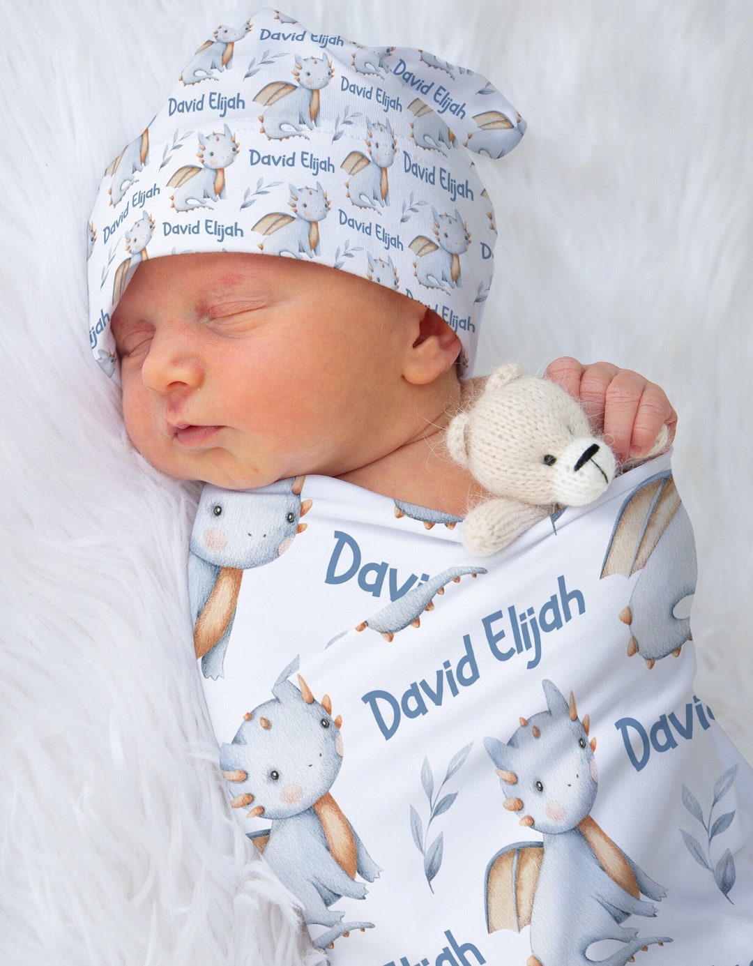 Baby Boy Blue Dragon Swaddle Blanket, Swaddle Knotted Hat Set, Infant ...