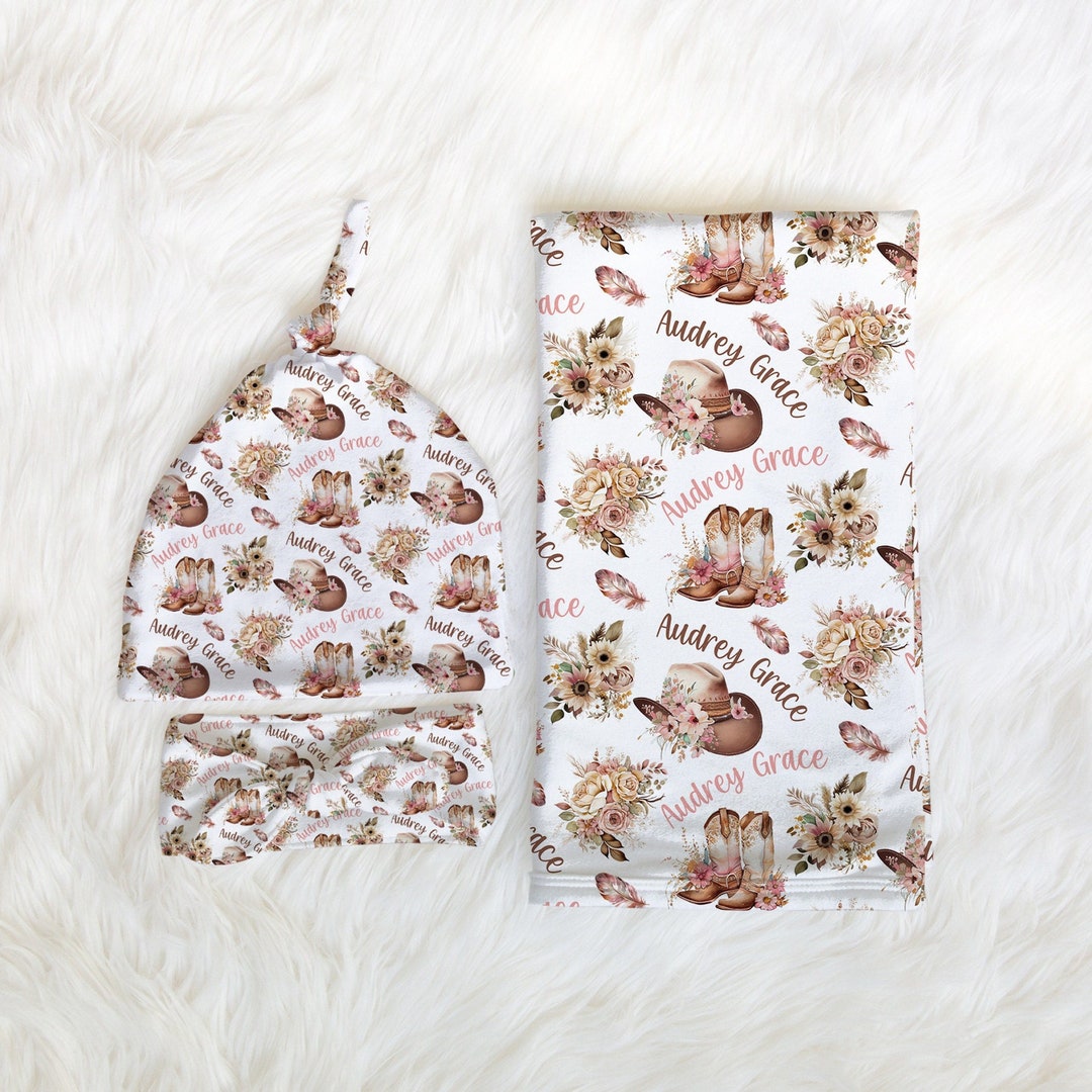 PERSONALIZED WESTERN BOHO Baby Girl Floral Swaddle Set, Floral Girl