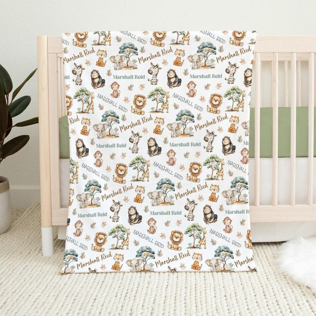 PERSONALIZED SAFARI Baby Blanket, Jungle Animal Name Blanket, Custom ...