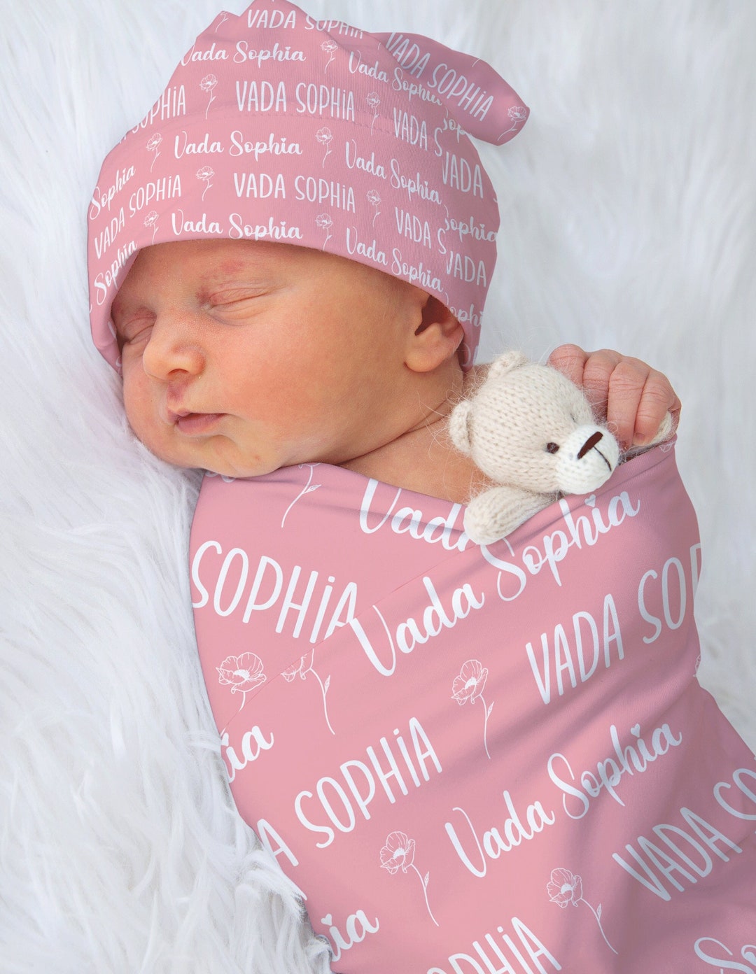 Pink Baby Name Swaddle Blanket Set, Newborn Beanie Knotted Hat, Baby