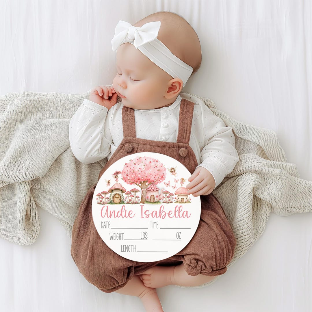 Pinkstats Signage PERSONALIZED BIRTH STATS Sign, Pink Fairy Woodland Birth Announcement ...