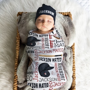 BASEBALL SWADDLE BLANKET, Baseball Baby Shower Gift, Personalized Boy Sports Swaddle Set, Baseball Baby Name Blanket, Baseball Baby Boy Gift