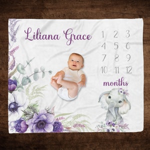 Personalized Purple Floral Elephant Milestone Blanket, Custom Girl Month Photo Blanket, Monthly Growth, Baby Shower Gift, Baby Girl Blanket