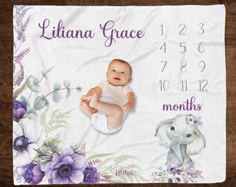 Personalized Infant Girl Elephant Milestone Blanket, Purple Floral Photo Prop, First Year Baby Photos