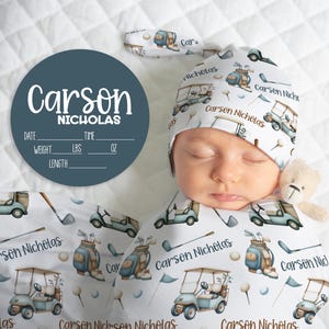 PERSONALIZED BABY GOLF Swaddle Blanket, Baby Boy Swaddle Set knotted Hat, Newborn Boy Hospital Sign, Baby Shower Gift, Swaddle and Baby Sign