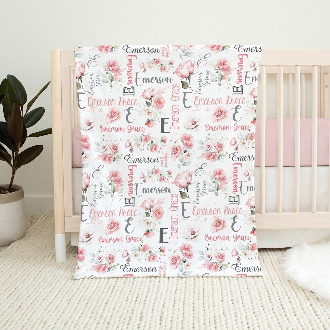 Pink Floral Baby Name Blanket, Baby Girl Personalized Blanket, Pink