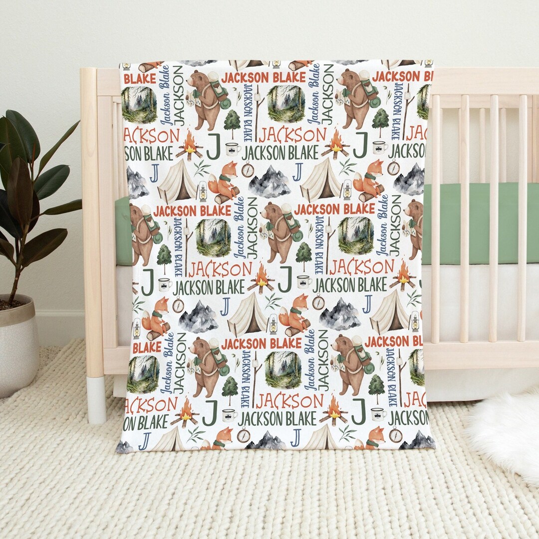 PERSONALIZED CAMPING BABY Blanket, Woodland Animals Camping, Bear Fox ...