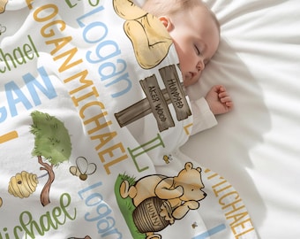 Personalized Classic Pooh Baby Blanket, Custom Storybook Honey Bear Baby Name Blanket, Baby Shower Gift