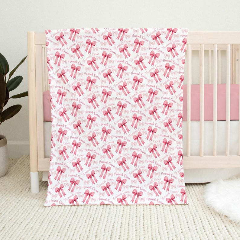 PERSONALIZED COQUETTE BLANKET, Pink Bow Blanket, Personalized Baby Girl Blanket, Pink Baby Blanket, Bow Theme Girl Gift, Bow Name Blanket imagen 3