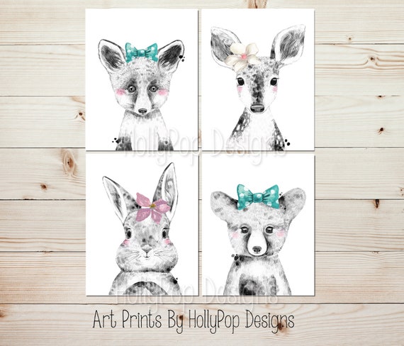 Girl Bedroom Art Woodland Theme Wall Prints Nursery Pictures Baby Woodland Animals Animals With Bows Fox Bear Girls Room Art 2039