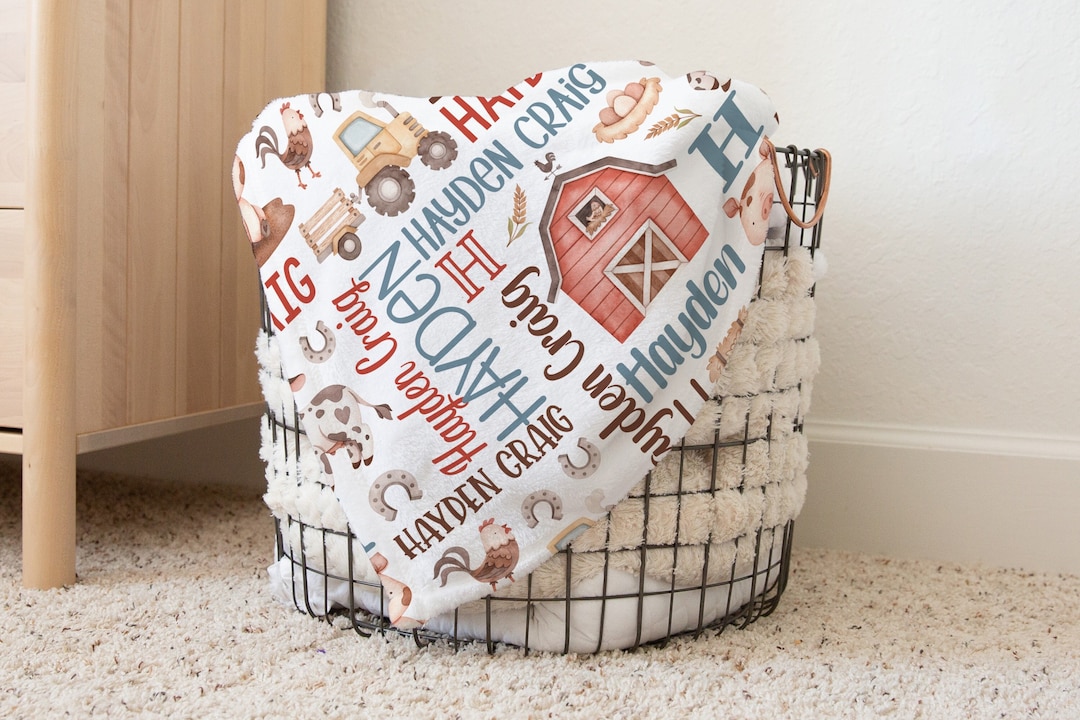 Personalized Baby Boy Farm Blanket, Custom Boy Farm Baby Blanket, Red