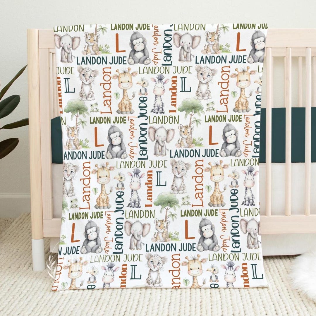 CUSTOM BABY BOY Safari Animals Baby Blanket, Personalized Jungle Animal ...