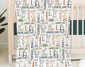 CUSTOM BABY BOY Safari Animals Baby Blanket, Personalized Jungle Animal Blanket, Safari Nursery Baby Gift, Elephant Giraffe Baby Shower Gift