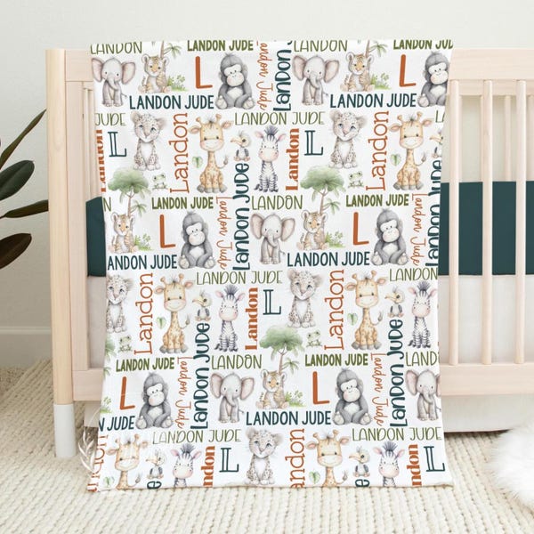 CUSTOM BABY BOY Safari Animals Baby Blanket, Personalized Jungle Animal Blanket, Safari Nursery Baby Gift, Elephant Giraffe Baby Shower Gift