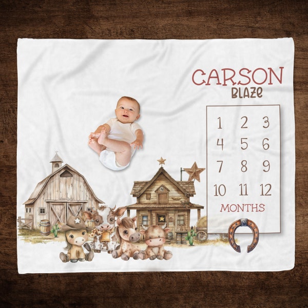 WESTERN MILETONE BLANKET, Baby Boy Cowboy Blanket, Personalized Baby Growth Blanket, Barn Farm Monthly Growth Tracker, Old West Baby Gift