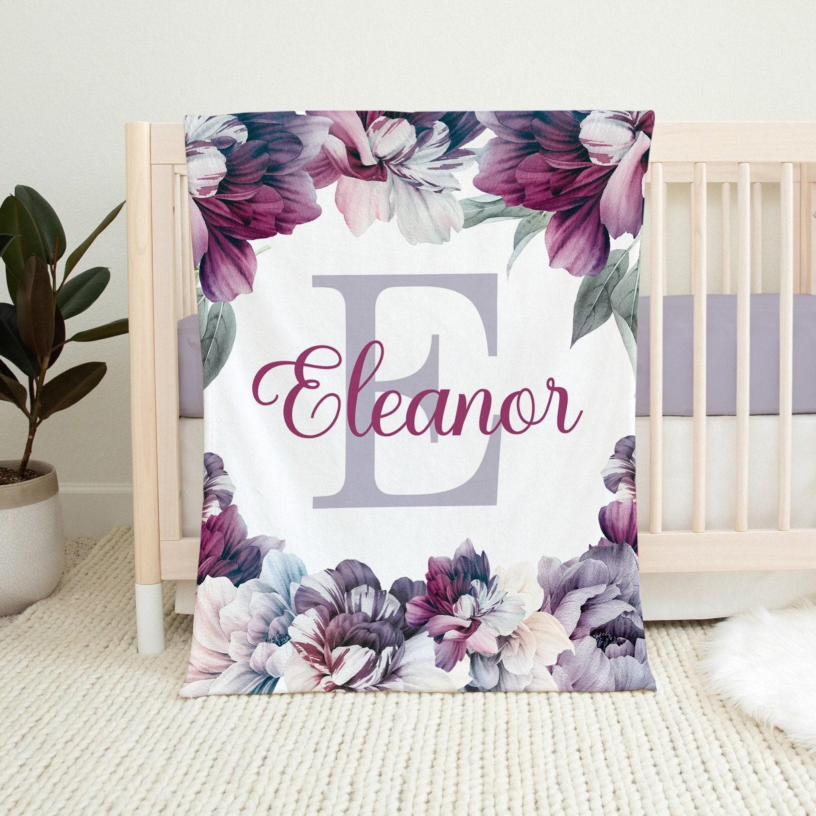 Baby Girl Name Blanket, Purple Floral Peony Baby Blanket, Personalized Baby, Custom Baby Girl Floral Name Blanket, Newborn Baby Girl Blanket