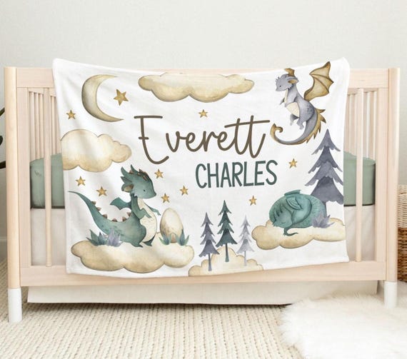 Baby Boy Personalized Dragon Blanket, Dragon Nursery Baby Blanket, Custom Name Baby Boy Name Blanket, FairyTale Dragons, Toddler Boy Blanket