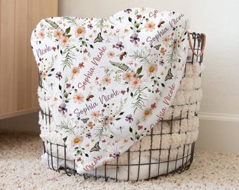 WILDFLOWER BABY BLANKET Personalized Baby Girl Wildflower Blanket, Toddler Girl Wildflower Name Blanket Wild Flower Nursery Baby Shower Gift