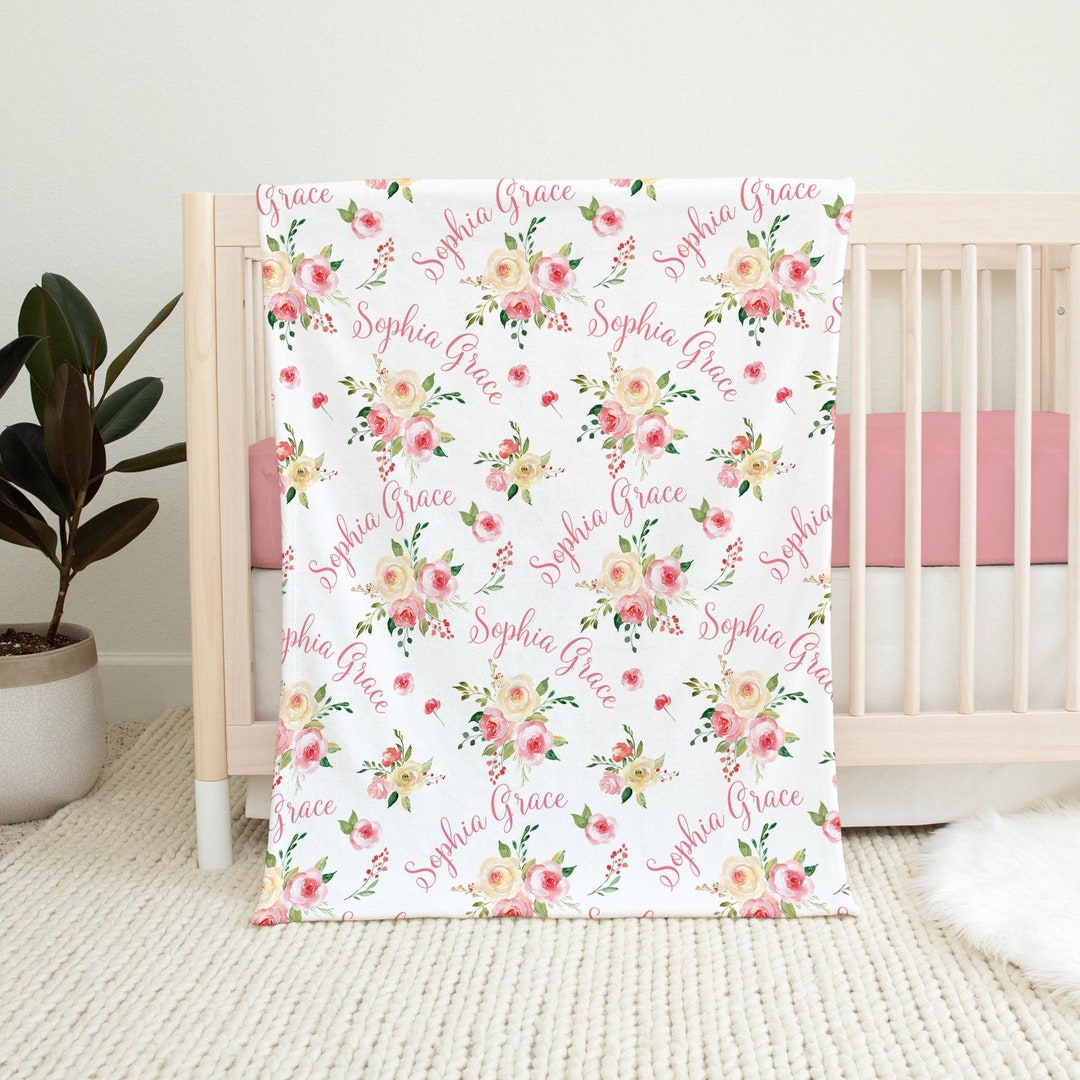 Pink Floral Name Blanket Baby Girl, Personalized Girl Baby Blanket