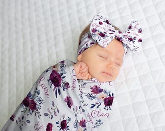 PURPLE FLORAL BABY Swaddle Set, Newborn Girl Gift, Floral Baby Girl Swaddle Blanket Hat Headband, Custom Name Baby Blanket, Baby Shower Gift