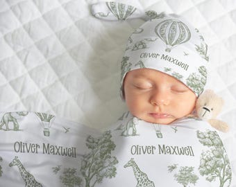 Personalized Safari Toile Baby Swaddle Blanket, Custom Knotted Hat, Minky Option