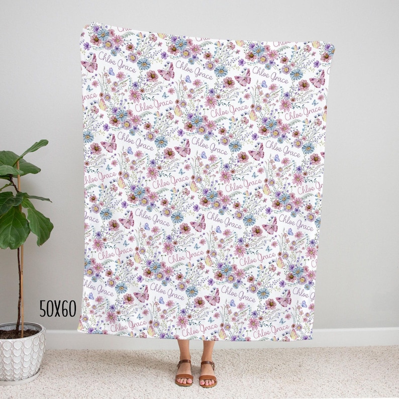 WILDFLOWER BABY GIRL Blanket, Personalized Girl Name Blanket, Custom Toddler Girl Gift, Wild Flower Baby Shower Gift, Wildflower Nursery image 3
