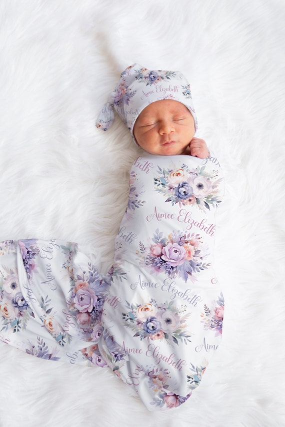 FLORAL SWADDLE BLANKET, Personalized Baby Girl Blanket, Baby