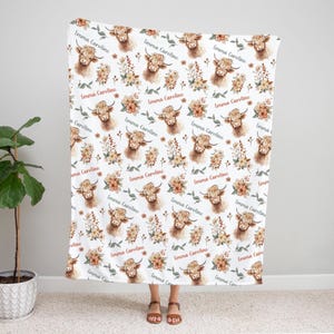 FLORAL HIGHLAND COW PERSONALIZED BABY NAME BLANKET FLEECE SHERPA MINKY BABY GIRL HIGHLAND COW FARM ANIMAL BLANKET