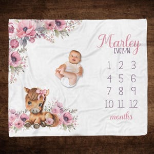 PINK FLORAL HORSE Milestone Blanket, Personalized Girl Milestone Baby Month Growth Blanket, Horse Nursery Baby Girl Gift, Baby Shower Gift