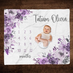 Purple Floral Milestone Blanket, Baby Girl Monthly Growth Blanket, Personalized Baby Growth Blanket, Track Baby Growth, Baby Shower Gift