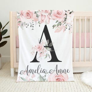 Pink Watercolor floral Monogram Baby Blanket, Baby Name Blanket for Girls, Baby Shower Gift, Personalized Baby Blanket, Floral Girl Blanket