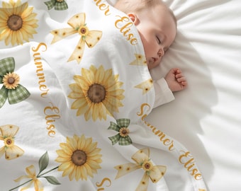 Personalized Sunflower Baby Blanket, Floral Nursery Keepsake, Yellow Green Bow Newborn Gift