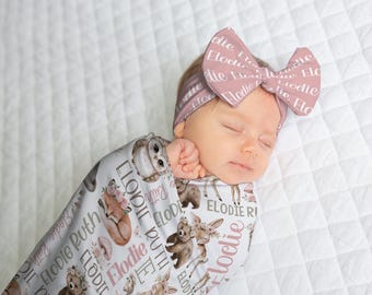 Custom Woodland Animals Baby Swaddle Blanket, Girl Sleeper Gown, Bow Headband, Newborn Girl Gift