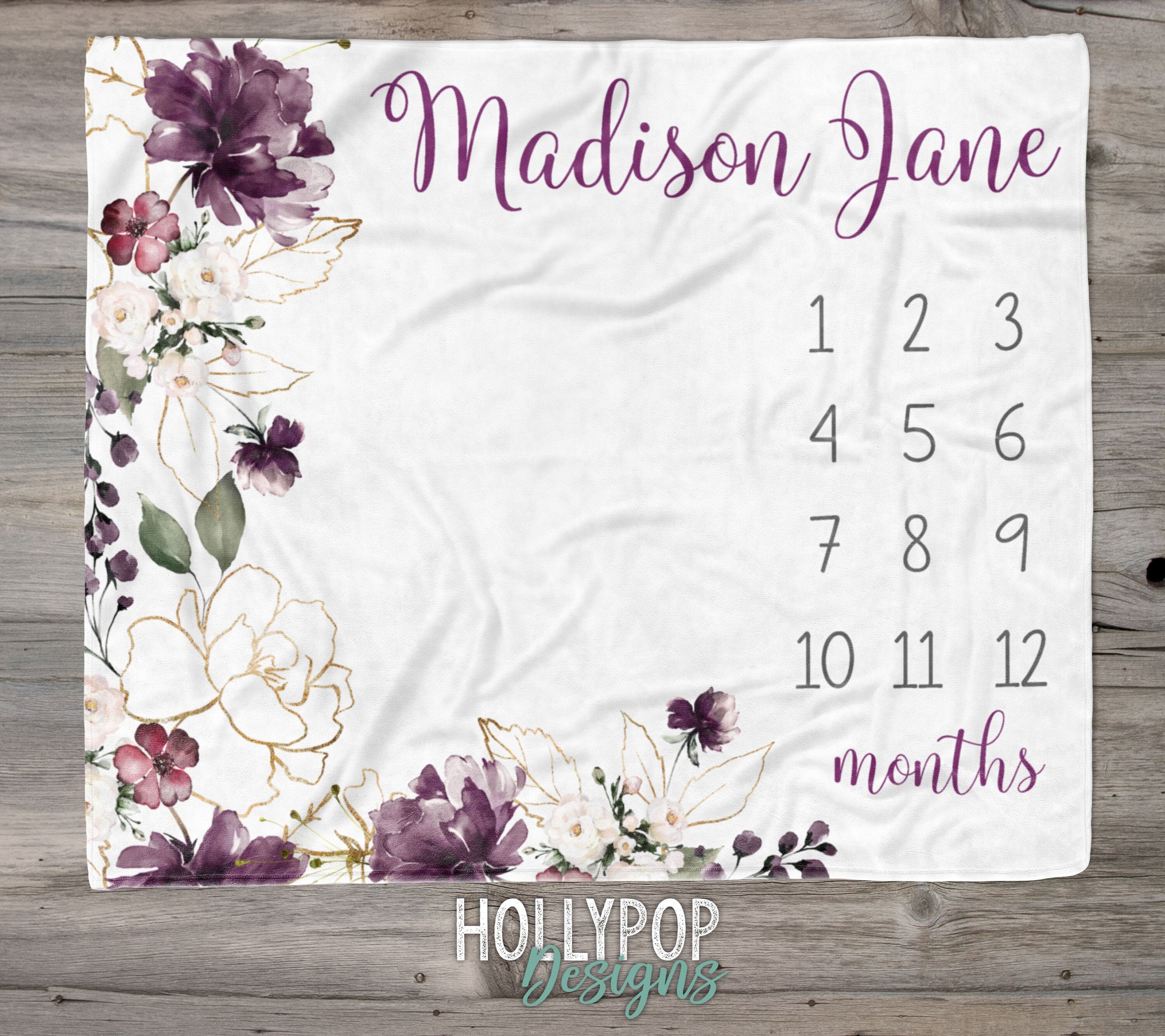 Purple Gold Floral Baby Milestone Blanket Girl, Personalized Girl Bla…