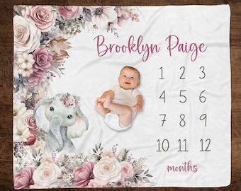 PINK ROSE ELEPHANT Baby Girl Milestone Blanket, Floral Elephant Milestone, First Year Baby Month Blanket, Baby Name Girl Growth Blanket,