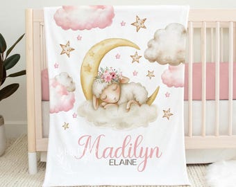 Personalized Lamb and Moon Baby Blanket, Pink Nursery Decor