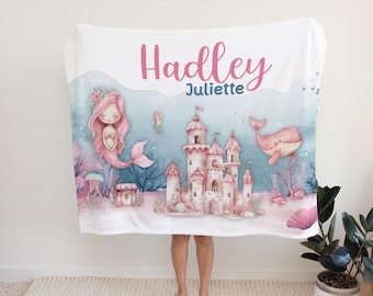 PERSONALIZED MERMAID BLANKET, Toddler Girl Ocean Blanket, Pink Mermaid Baby Name Blanket, Toddler Girl gift, Mermaid Pink Ocean Nursery Baby