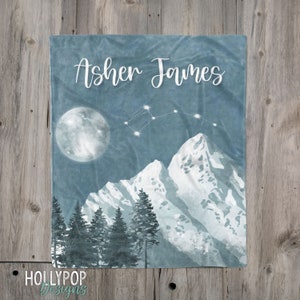 Watercolor Mountain Blanket, Personalized Baby Boy Name Blanket, Mountain Nursery, Custom Name, Baby Boy Blanket, Moon Stars Trees, Boy Gift