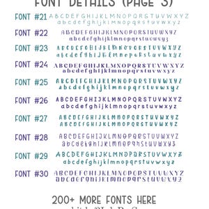 May include: A page showing font details, with fonts numbered #21 to #30. Each font is displayed with upper and lower case alphabets in blue and purple gradients. The text "200+ MORE FONTS HERE" and a URL are also visible.