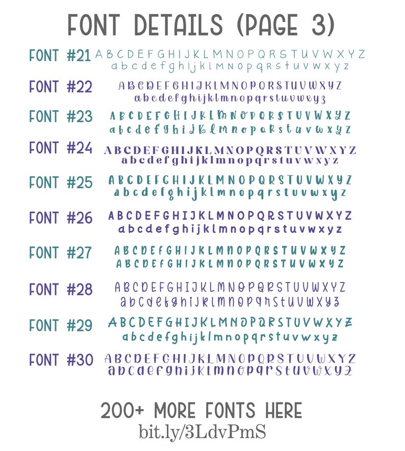 May include: A page showing font details, with fonts numbered #21 to #30. Each font is displayed with upper and lower case alphabets in blue and purple gradients. The text "200+ MORE FONTS HERE" and a URL are also visible.