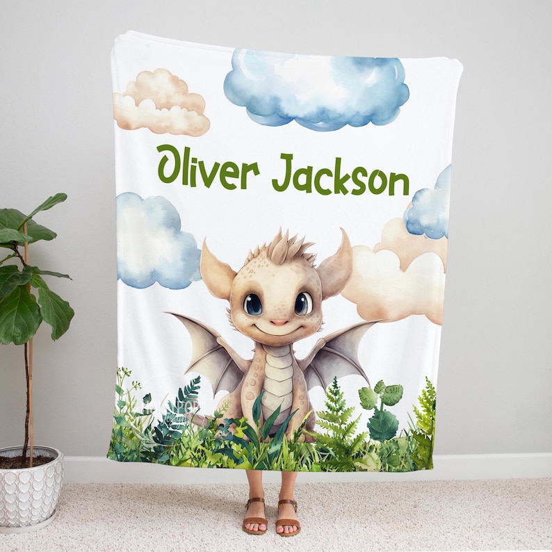 PERSONALIZED TODDLER BOY Dragon Blanket, Dragon Baby Name Blanket, Name Kids Throw, Gift for Toddler, Dragon Baby Gift, Boy Birthday Gift image 2