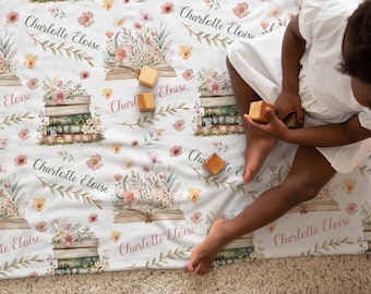 FLORAL BOOK BLANKET Personalized Girl Wildflower Storybook Blanket, Baby Girl Blanket Floral Books Toddler Girl Name Blanket, Baby Girl Gift