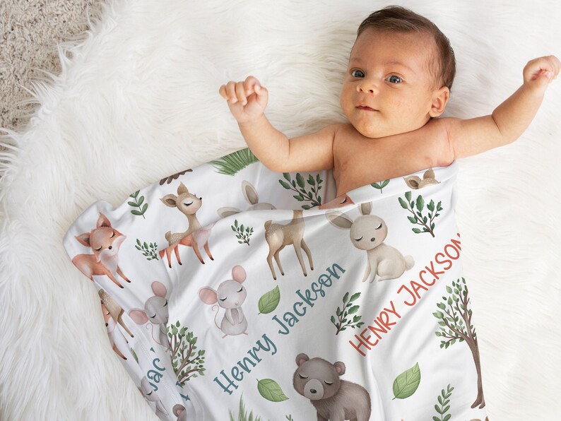 Woodland Animals Baby Boy Name Blanket Personalized Forest Etsy