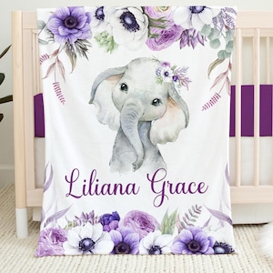Personalized Girl Baby Blanket, Purple Floral Elephant, Custom Name Gift for Girl, Fleece Minky Sherpa