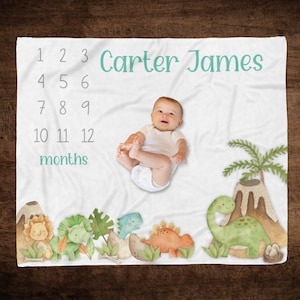 Dinosaur Baby Boy Milestone Blanket, Baby Growth Blanket Dinosaur, Custom Baby Growth Blanket, Personalized Dinosaur Baby Name Photo Blanket