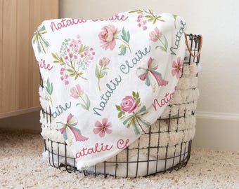 Personalized Baby Girl Blanket, Vintage Floral Custom Baby Blanket, Pink Blue Bows Flowers Blanket, Newborn Girl Baby Shower Gift