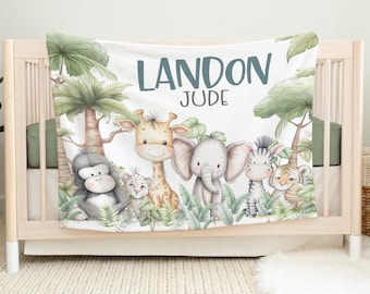 CUSTOM SAFARI BABY Blanket, Personalized Baby Boy Safari Animals Blanket, Custom Crib Baby Blanket, Zoo Animals Baby Boy Gift, Newborn Gift